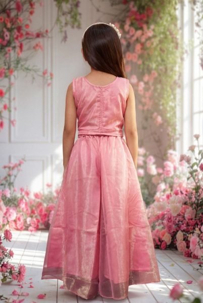 Modish Pink Girls Twill Net Sharara Kurta Set with Embroidery Work for Festival Girls Wear