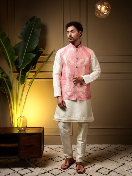 Modish Pink Men’s Jacquard Koti Set with Slub Silk Kurta and Fused Pant at Factory Rate Kurta Pajama Wholesale