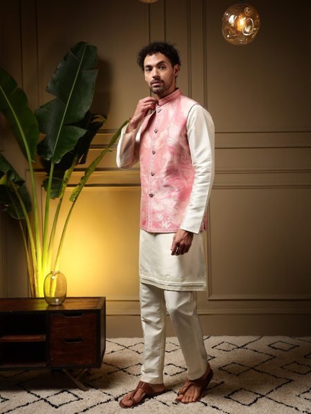 Modish Pink Men’s Jacquard Koti Set with Slub Silk Kurta and Fused Pant at Factory Rate Kurta Pajama Wholesale