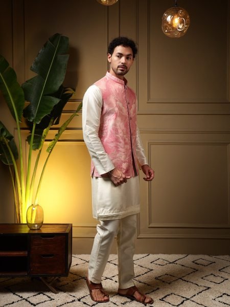 Modish Pink Men’s Jacquard Koti Set with Slub Silk Kurta and Fused Pant at Factory Rate Kurta Pajama Wholesale
