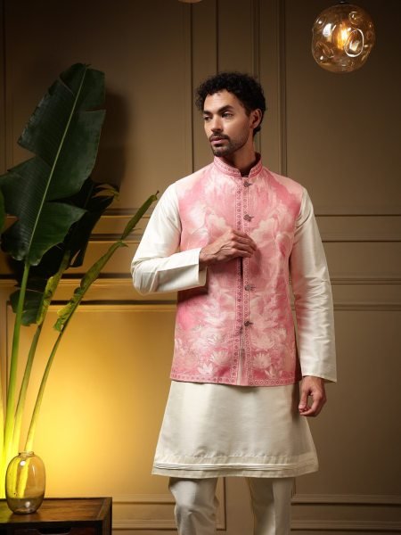 Modish Pink Men’s Jacquard Koti Set with Slub Silk Kurta and Fused Pant at Factory Rate Kurta Pajama Wholesale