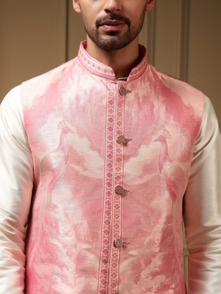 Modish Pink Men’s Jacquard Koti Set with Slub Silk Kurta and Fused Pant at Factory Rate Kurta Pajama Wholesale