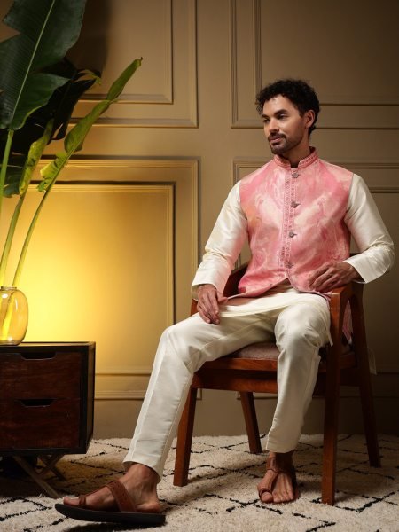 Modish Pink Men’s Jacquard Koti Set with Slub Silk Kurta and Fused Pant at Factory Rate Kurta Pajama Wholesale