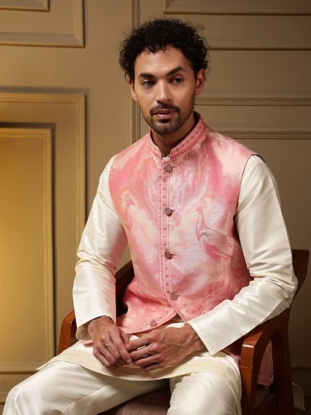 Modish Pink Men’s Jacquard Koti Set with Slub Silk Kurta and Fused Pant at Factory Rate Kurta Pajama Wholesale