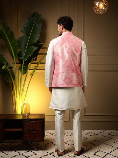 Modish Pink Men’s Jacquard Koti Set with Slub Silk Kurta and Fused Pant at Factory Rate Kurta Pajama Wholesale