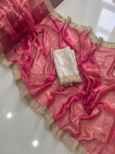 Modish Pink Space Silk Saree with Bright Traditional Look for Wedding Functions Embroidery Sarees Wholesale