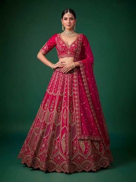Modish Pink Wedding Slub Silk Lehenga Choli with Heavy Dori Embroidery and Handwork 