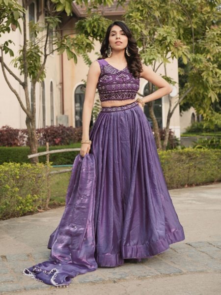 Modish Purple Fendy Silk Lehenga Set with Embroidery and Crystal Lace Dupatta  Lehenga