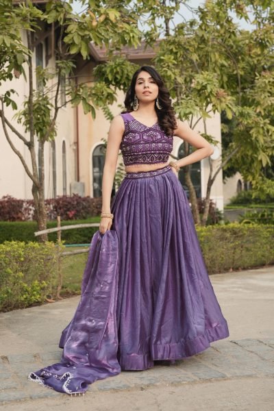 Modish Purple Fendy Silk Lehenga Set with Embroidery and Crystal Lace Dupatta Designer Lehenga Choli