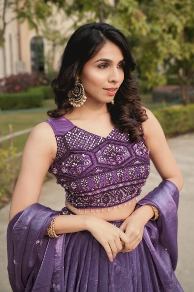 Modish Purple Fendy Silk Lehenga Set with Embroidery and Crystal Lace Dupatta Designer Lehenga Choli