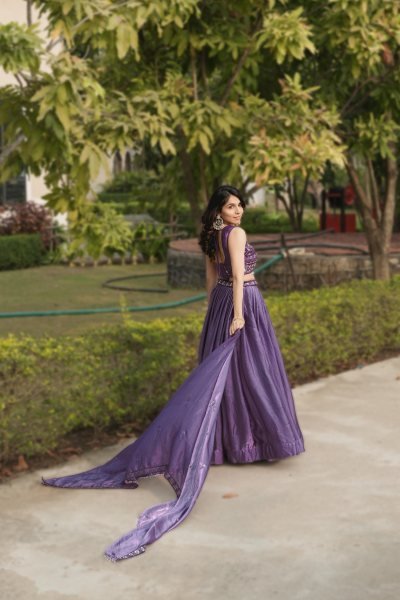 Modish Purple Fendy Silk Lehenga Set with Embroidery and Crystal Lace Dupatta Designer Lehenga Choli