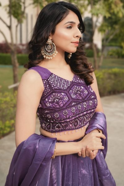 Modish Purple Fendy Silk Lehenga Set with Embroidery and Crystal Lace Dupatta Designer Lehenga Choli