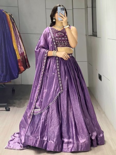Modish Purple Fendy Silk Lehenga Set with Embroidery and Crystal Lace Dupatta Designer Lehenga Choli