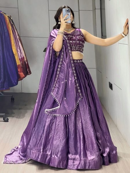 Modish Purple Fendy Silk Lehenga Set with Embroidery and Crystal Lace Dupatta Designer Lehenga Choli