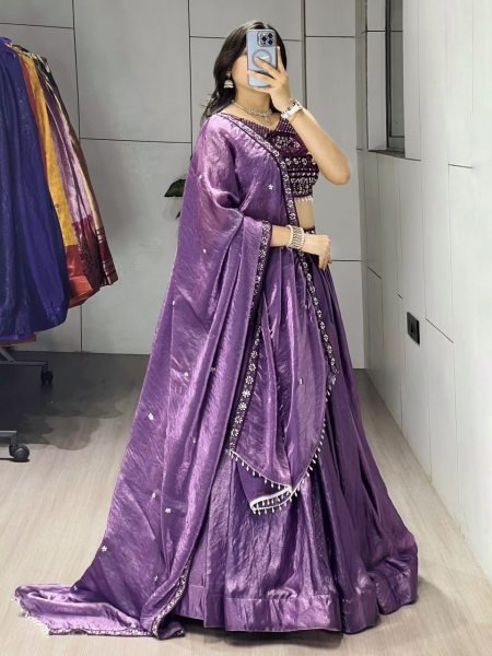 Modish Purple Fendy Silk Lehenga Set with Embroidery and Crystal Lace Dupatta Designer Lehenga Choli