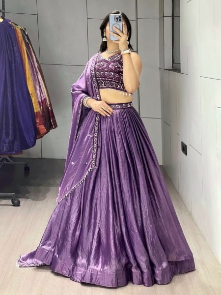 Modish Purple Fendy Silk Lehenga Set with Embroidery and Crystal Lace Dupatta Designer Lehenga Choli