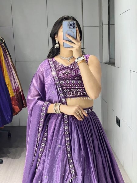 Modish Purple Fendy Silk Lehenga Set with Embroidery and Crystal Lace Dupatta Designer Lehenga Choli