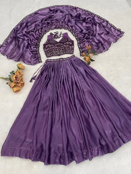 Modish Purple Fendy Silk Lehenga Set with Embroidery and Crystal Lace Dupatta Designer Lehenga Choli