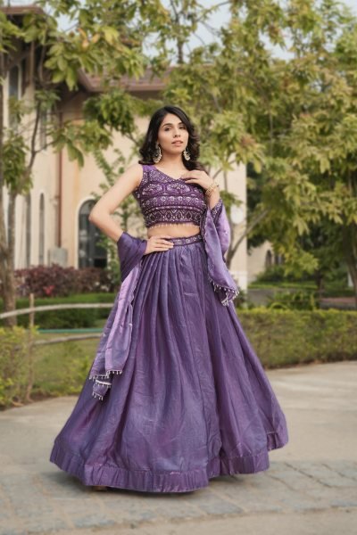 Modish Purple Fendy Silk Lehenga Set with Embroidery and Crystal Lace Dupatta Designer Lehenga Choli