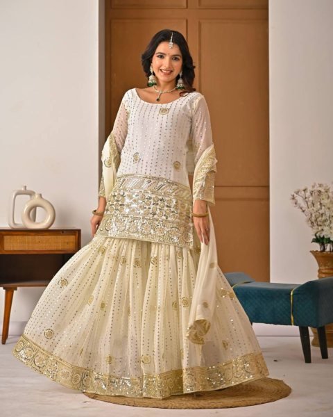 Modish Ready To Wear Fox Georgette Sharara Palazzo Set with Sequence Embroidery Dupatta 