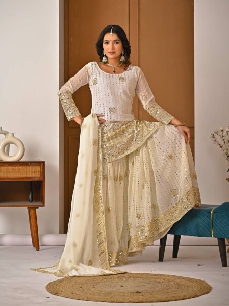 Modish Ready To Wear Fox Georgette Sharara Palazzo Set with Sequence Embroidery Dupatta Ready To Wear Collection