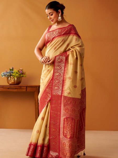 Modish Red Cream Modal Cotton Saree with Traditional Pochampally Border Weaving 