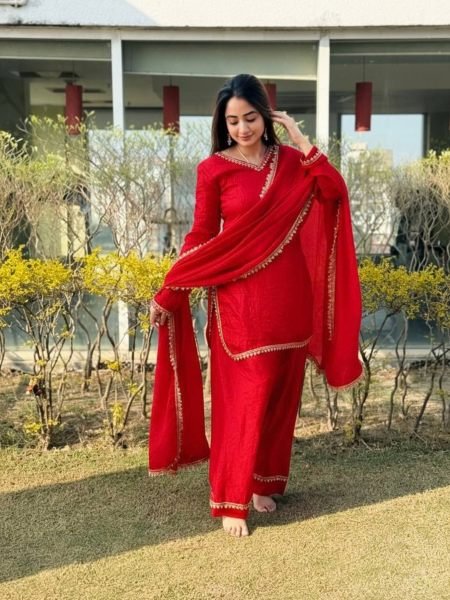 Modish Red Designer Fendi Satin Silk Farsi Salwar with Daman Patta Work For Festival 
