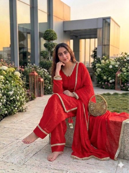 Modish Red Designer Fendi Satin Silk Farsi Salwar with Daman Patta Work For Festival Ready To Wear Collection