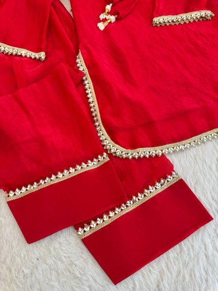Modish Red Designer Fendi Satin Silk Farsi Salwar with Daman Patta Work For Festival Ready To Wear Collection