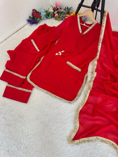 Modish Red Designer Fendi Satin Silk Farsi Salwar with Daman Patta Work For Festival Ready To Wear Collection