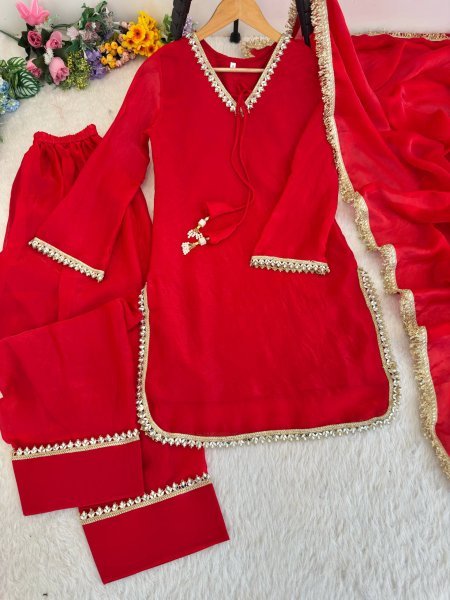 Modish Red Designer Fendi Satin Silk Farsi Salwar with Daman Patta Work For Festival Ready To Wear Collection