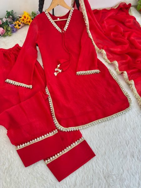 Modish Red Designer Fendi Satin Silk Farsi Salwar with Daman Patta Work For Festival Ready To Wear Collection