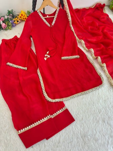 Modish Red Designer Fendi Satin Silk Farsi Salwar with Daman Patta Work For Festival Ready To Wear Collection