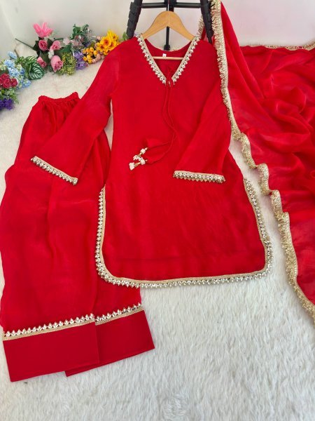 Modish Red Designer Fendi Satin Silk Farsi Salwar with Daman Patta Work For Festival Ready To Wear Collection