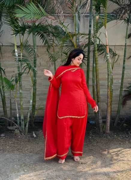 Modish Red Designer Fendi Satin Silk Farsi Salwar with Daman Patta Work For Festival Ready To Wear Collection
