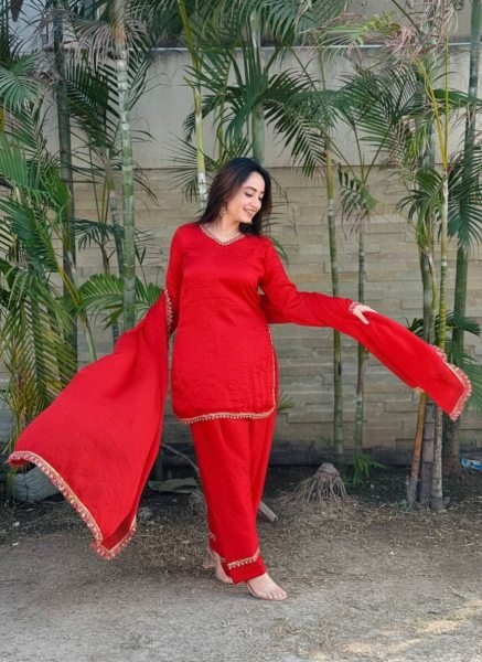 Modish Red Designer Fendi Satin Silk Farsi Salwar with Daman Patta Work For Festival Ready To Wear Collection