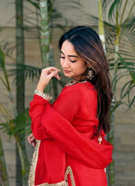 Modish Red Designer Fendi Satin Silk Farsi Salwar with Daman Patta Work For Festival Ready To Wear Collection