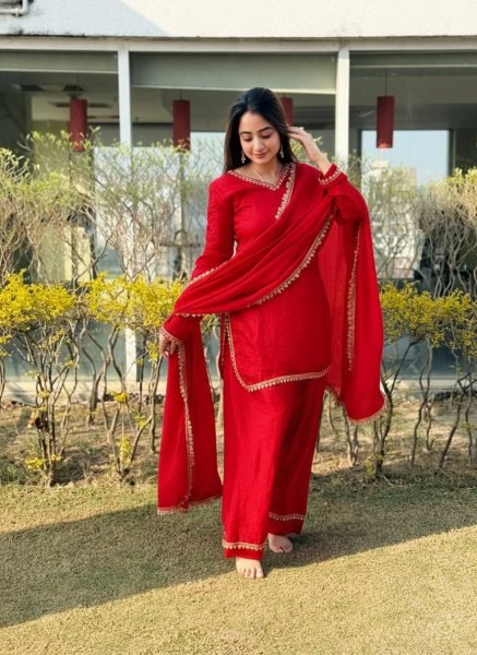Modish Red Designer Fendi Satin Silk Farsi Salwar with Daman Patta Work For Festival Ready To Wear Collection