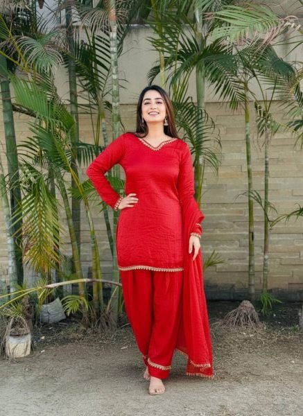 Modish Red Designer Fendi Satin Silk Farsi Salwar with Daman Patta Work For Festival Ready To Wear Collection