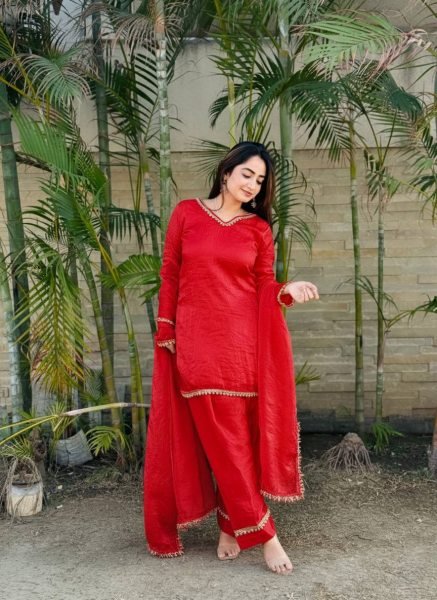 Modish Red Designer Fendi Satin Silk Farsi Salwar with Daman Patta Work For Festival Ready To Wear Collection
