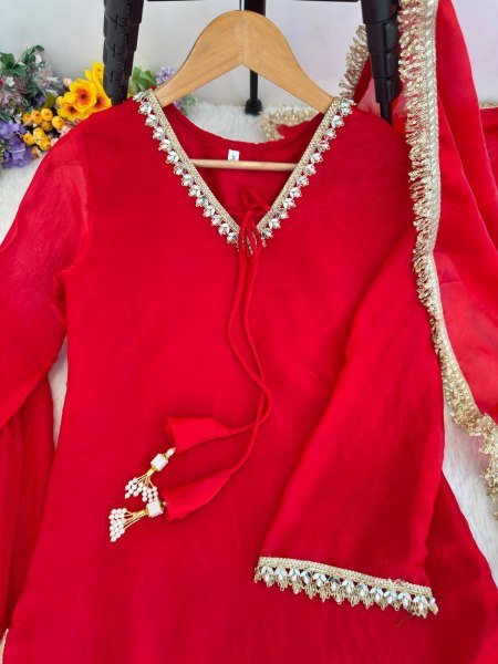 Modish Red Designer Fendi Satin Silk Farsi Salwar with Daman Patta Work For Festival Ready To Wear Collection