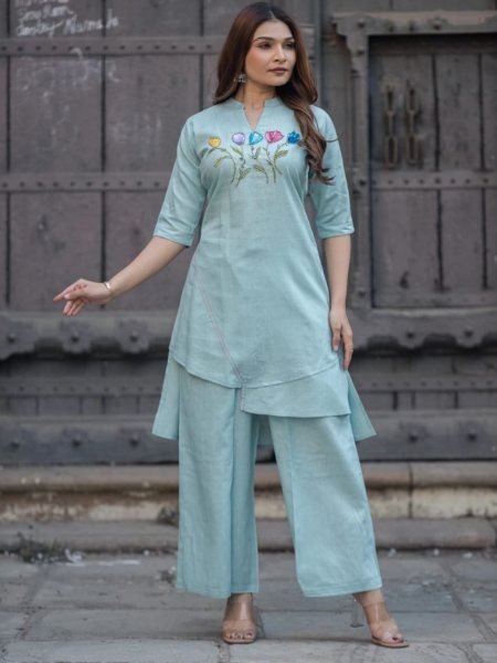 Modish Sky Blue New Arrival Cotton Slub Set for Women Summer Collection CO ORD Sets