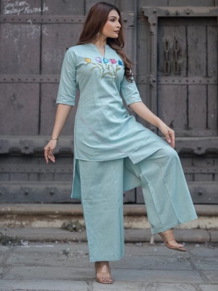 Modish Sky Blue New Arrival Cotton Slub Set for Women Summer Collection CO ORD Sets