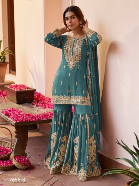 Modish Teal Green Embroidery Work Sharara Suit with Elegant Dupatta for Ladies Salwar Kameez