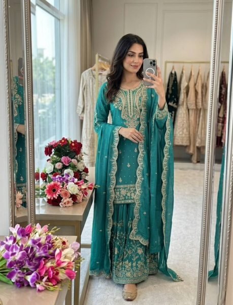 Modish Teal Green Traditional Pakistani Style Sharara Set for Weddings Ready To Wear Collection