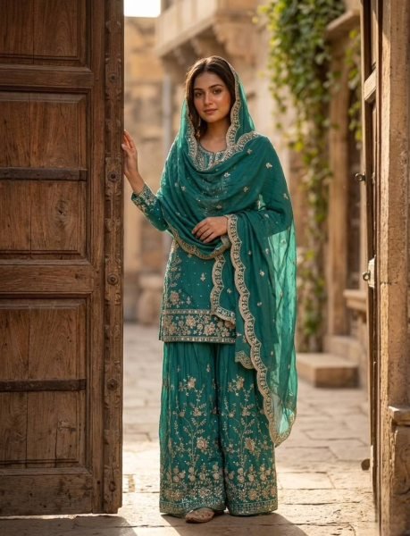 Modish Teal Green Traditional Pakistani Style Sharara Set for Weddings Ready To Wear Collection