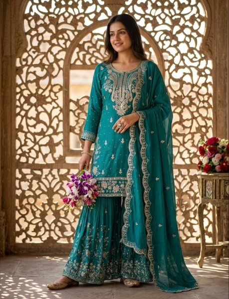 Modish Teal Green Traditional Pakistani Style Sharara Set for Weddings Ready To Wear Collection