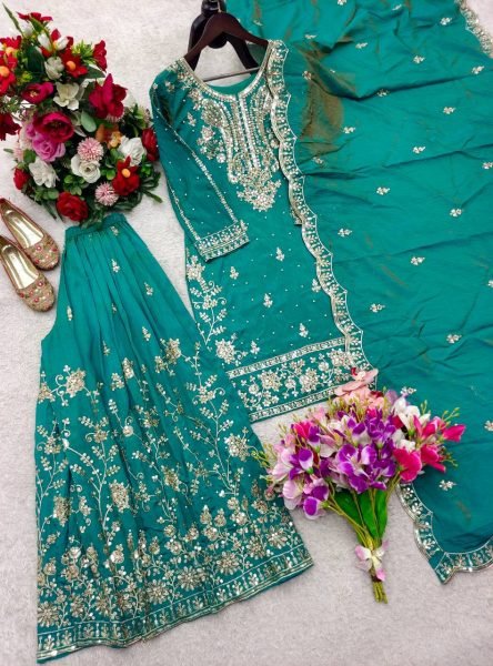 Modish Teal Green Traditional Pakistani Style Sharara Set for Weddings Ready To Wear Collection