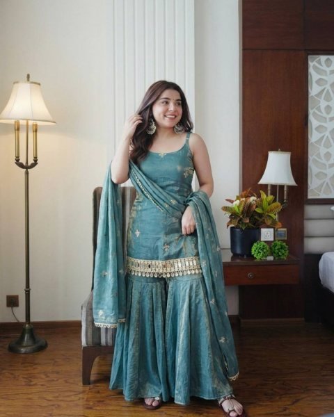 Modish Teal Ready To Wear Fendy Silk Embroidered Mirror Work Top with Sharara Plazzo and Dupatta 