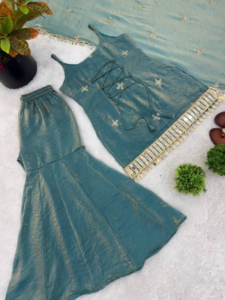 Modish Teal Ready To Wear Fendy Silk Embroidered Mirror Work Top with Sharara Plazzo and Dupatta Ready To Wear Collection